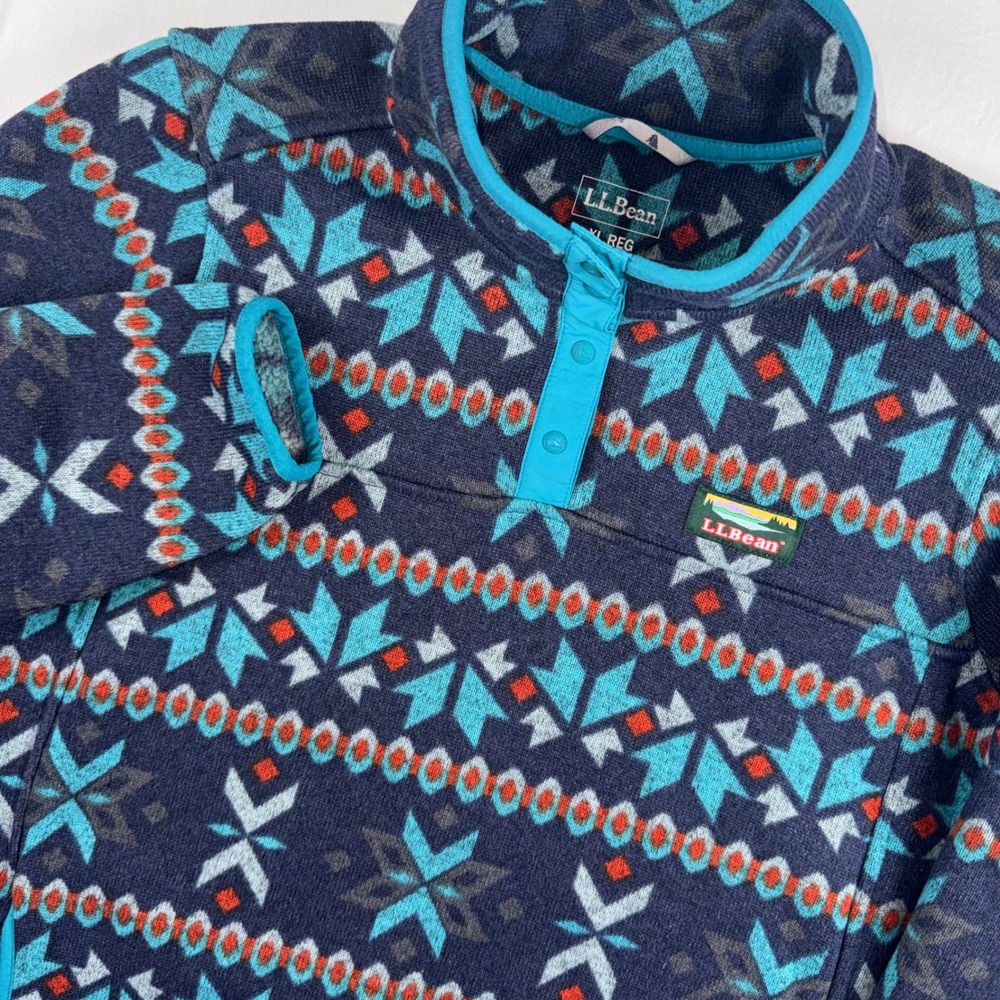 LL Bean Sweater Fleece Pullover Womens XL Navy Blue Fair Isle Snap Mock Neck